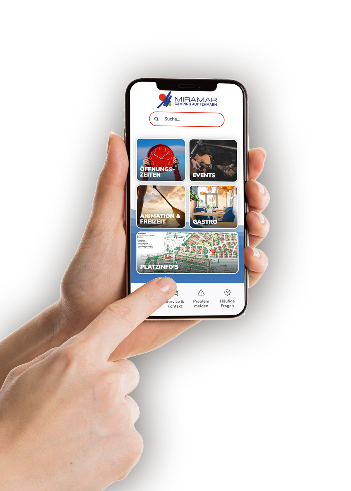 Ein Mockup der WebApp auf einem Mobiltelefon mit einer Hand, die es bedient